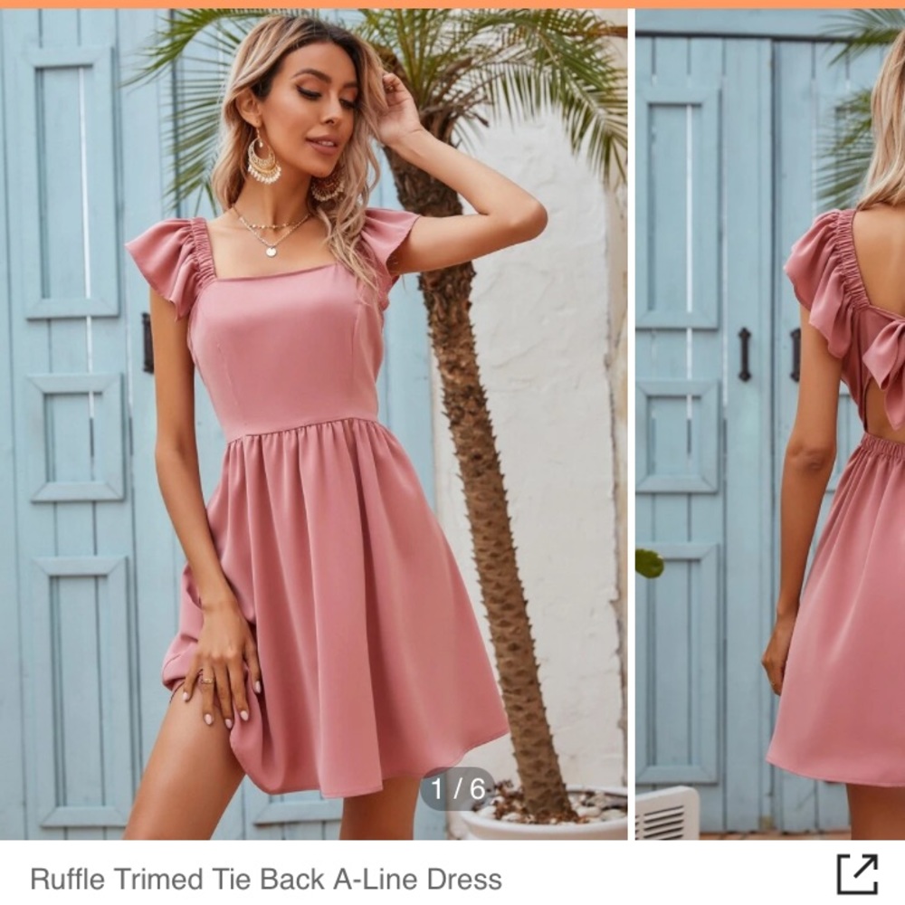 Shein Dusty rose pink ruffled trim tie back cutout a-line dress